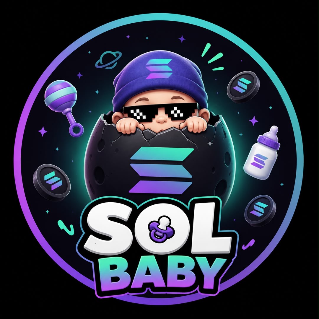 SOL BABY logo: a baby in a Solana beanie hatching from a moon egg
